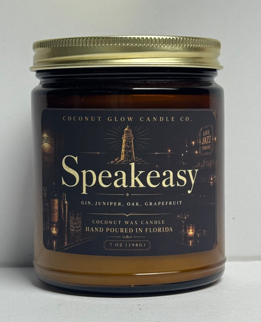 Speakeasy Amber Glass Jar candle by Coconut Glow – gin, juniper, and white musk scent
