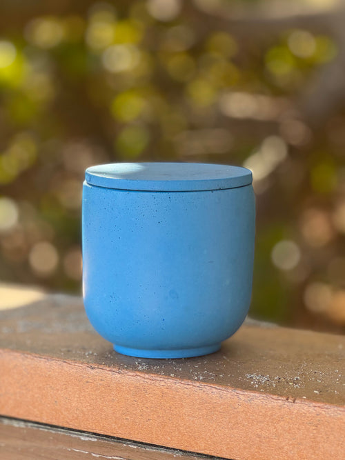 Coconut Glow Candle Co blue concrete candle with lid, featuring Champagne Toast scent notes.